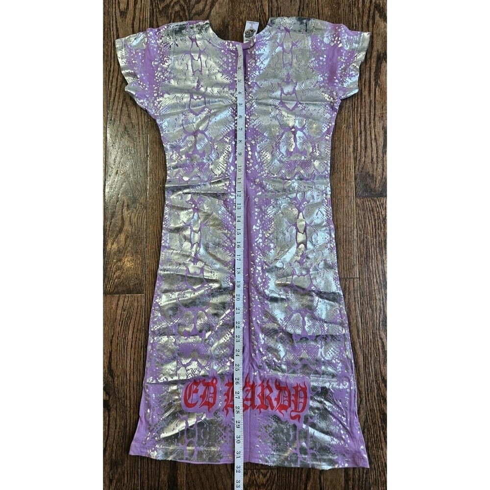 Vtg Y2K Ed Hardy Long T-Shirt Dress Womens S Purple Eagle Skull Snake READ - Picture 11 of 13
